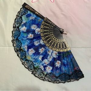 Fabric Handheld Foldable Fan Blue with Daisy Flowers and Black Lace trim